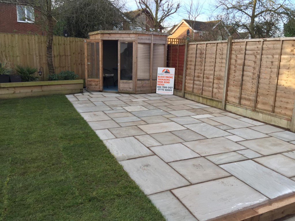 Indian Sandstone Patio with Timber Sleepers and Turf in Nuneaton